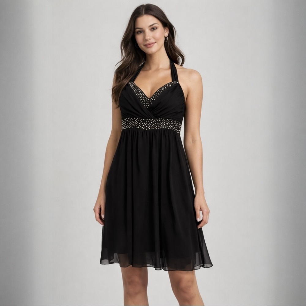 City Studio Black Halter Chiffon Cocktail Dress Rhinestone Waist Size L